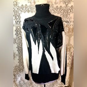 Vintage Black and White Sequin Beaded Sweater Large Velvet 90s 80s Maximalist